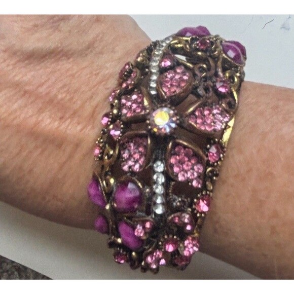 Vintage Mid Century Floral Rhinestone Clamper Bracelet Purple Pink Jewelry - Picture 1 of 16